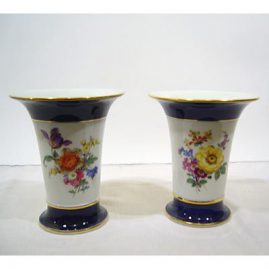 Pair of Meissen cobalt and flowered vases with two different bouquets on each vase