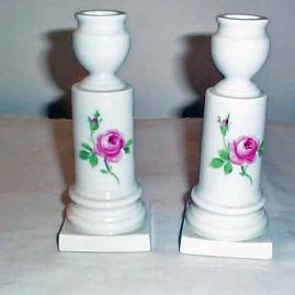 Pair of Meissen pink rose candlesticks, circa 1890s, 6 inches, $550.00