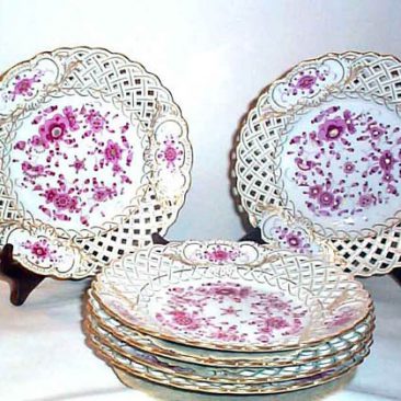 6 Meissen Purple Indian reticulated plates, circa-1880s, 8 1/2 inches, sold