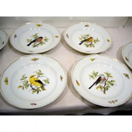 Set of six Meissen bird plates each painted with a different bird and bugs