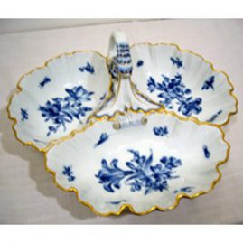 Meissen blue flowered three compartment bowl with blue flowers and bugs and fancy handle