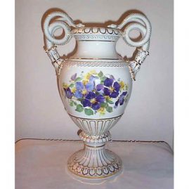Large Meissen snake handled vase,circa-1890s-1910, purple clematis on one side and roses on other