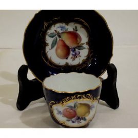 Meissen demitasse cobalt fruit cup and saucer with flowers and fruit