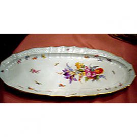 Rare Meissen fish platter with flower bouquet with purple tulip and bugs