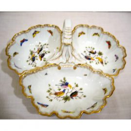 Meissen bird and butterfly three compartment handled bowl with fancy handle