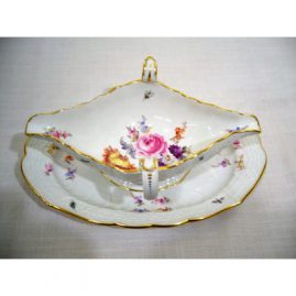 Well painted Meissen gravy with attached under plate painted with bugs and flower