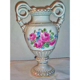 Other side of Meissen large snake handled vase with pink roses.