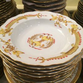 Meissen yellow court dragon dinner plates and wide rim soups