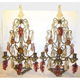 Pair of French candlelabras, 24" tall by 13", grapes pears and apples, late 19th century