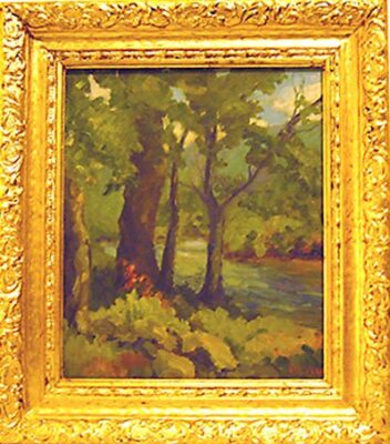 Painting by the river signed P. Law, (Pauline), American