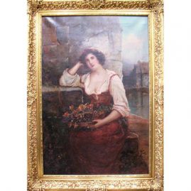 Oil on canvas of lady and currants, signed J. Mccolvin