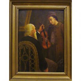 Oil on board of man with violin and prodigy, signed N. D. Elting