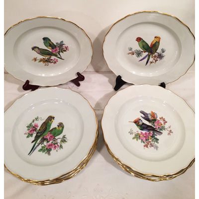 Set of twelve rare Meissen bird plates, each hand painted with different birds and flowers