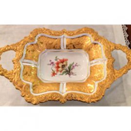 Two handled Meissen gilded charger with orange flower painting, and raised gold flower and leaf decoration