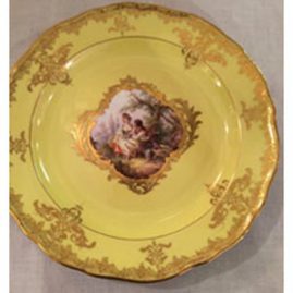 Rare yellow Meissen plate with Watteau scene of lovers