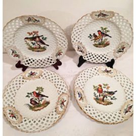 Set of five dot Meissen rare reticulated bird plates each hand painted with different birds.