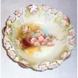 R.S. Prussia bowl, peach and pink roses in basket