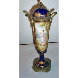 French cobalt urn with mask handles