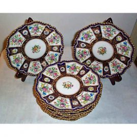 12 Crown Staffordshire cobalt and flowered dessert or luncheon plates