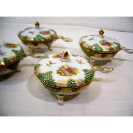 Set of 11 Dresden ramekins or covered turtle soups. each on three raised feet, each one with different hand painted scenes of lovers with turtle head handles