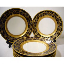 Set of 12 Charles Ahrenfelt Limoges cobalt gilded dinner plates