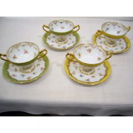 Inside of set of 11 Lamb Dresden desserts or cream soups with raised gilt decoration