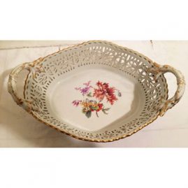 Large Berlin KPM reticulated Bowl with hand painted flower bouquet and butterfly.