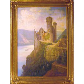 Oil on board of castle along the Rhine River, signed Fritz Arnold