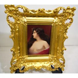 Hutchenreuther porcelain plaque of scantily dressed beautiful lady in gilt frame artist signed Berk