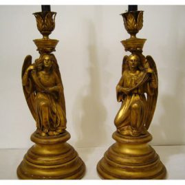 Pair of rare bronze candlesticks with wood bases of Archangels