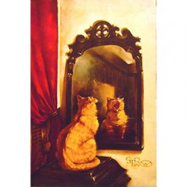 Painting of cat looking in the mirror yawning