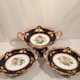 Set of three cobalt with flower bouquets Copeland and Garrett compotes, Circa-before 1850s