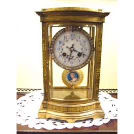 Rare enamel French Marti beveled glass clock with enamel portrait pendulum