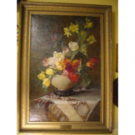 Oil on canvas of tulips and other flowers in vase attributed to Carl John Blenner