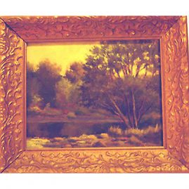 Painting of trees by the river signed Este