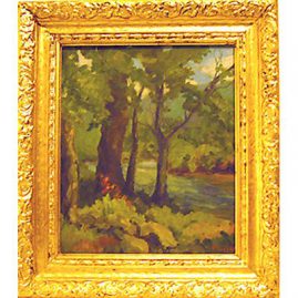 Painting by the river signed P. Law