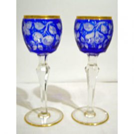 Set of 10 tall cut overlay wine goblets cut with cherries and pears