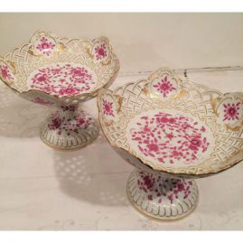 Pair of Meissen purple Indian reticulated compotes