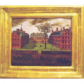 Reverse painting on glass of Harvard, copperplate by William Burgess, original print in Library of Congress