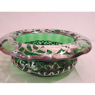 Rare large sterling silver overlay crystal emerald bowl