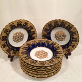 Set of Spode Copeland cobalt and gold wide rim soup bowls with raised gold and white enamel jeweling