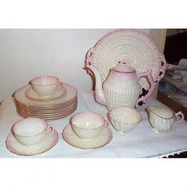 Black Mark Belleek tea set, 6 cups and saucers, 8 desserts, teapot, sugar, creamer and serving plate