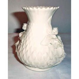 Belleek Black Mark vase with raised flowers, ca-1927-41