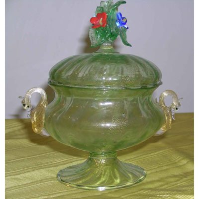Venetian glass covered bowl with raised flowers and swans