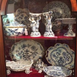 Display of rare Meissen blue onion china