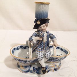 Rare Meissen double salt with candlestick and figure of a boy