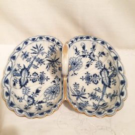 Two Meissen blue onion two section bowls with gold rim