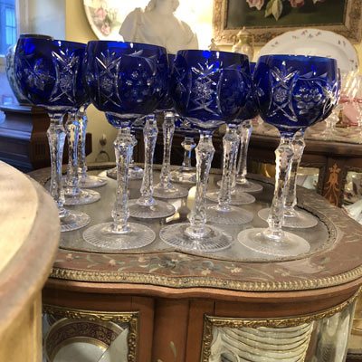 4 Antique Wine Glasses, Vintage Pressed Glass Square Stem Wine