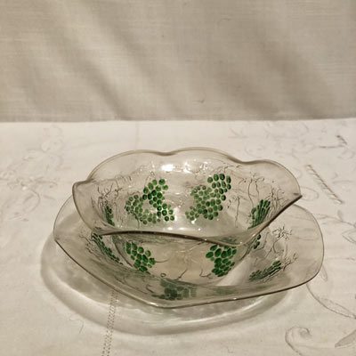 Rare set of Venetian bowls and under plates with raised grape and vine decoration