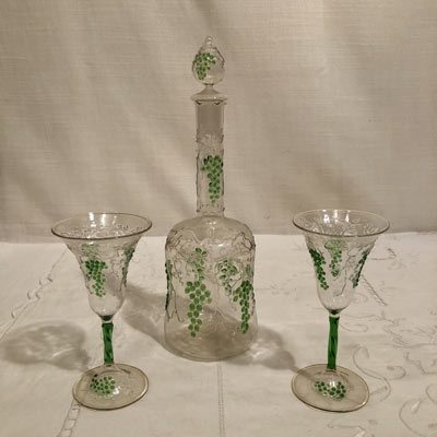 Rare Venetian decanter and cordials with raised grape and vine decoration